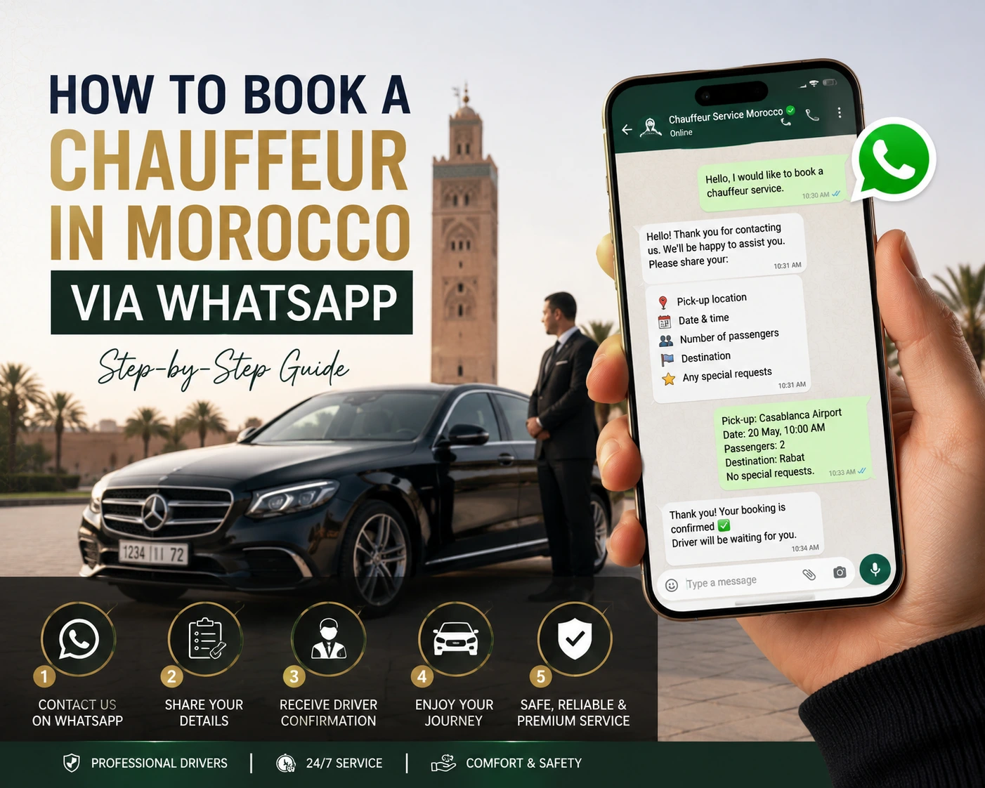 Book chauffeur Morocco WhatsApp service with Le Vip Morocco