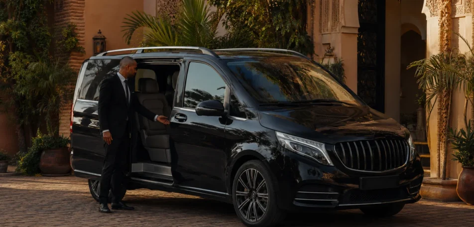 Daily driver service cost in Marrakech with private chauffeur outside a luxury riad