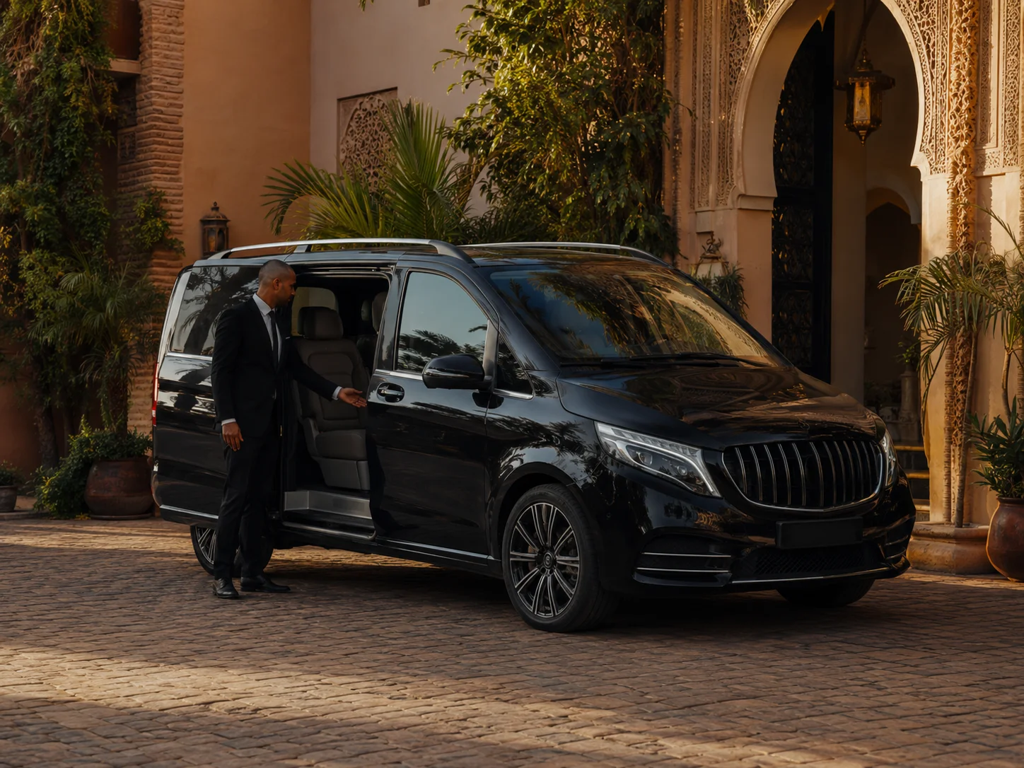 Daily driver service cost in Marrakech with private chauffeur outside a luxury riad