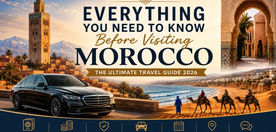 Everything You Need to Know Before Visiting Morocco Luxury private chauffeur driving through Morocco with views of historic architecture, desert landscapes, and Moroccan travel destinations.