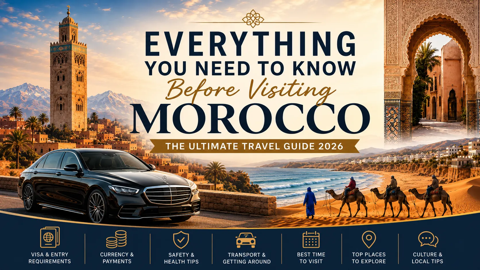 Luxury private chauffeur driving through Morocco with views of historic architecture, desert landscapes, and Moroccan travel destinations.