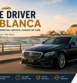 Private driver in Casablanca with luxury chauffeur car near Hassan II Mosque and Mohammed V International Airport transfer route.