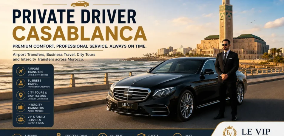 Private Driver Casablanca Private driver in Casablanca with luxury chauffeur car near Hassan II Mosque and Mohammed V International Airport transfer route.