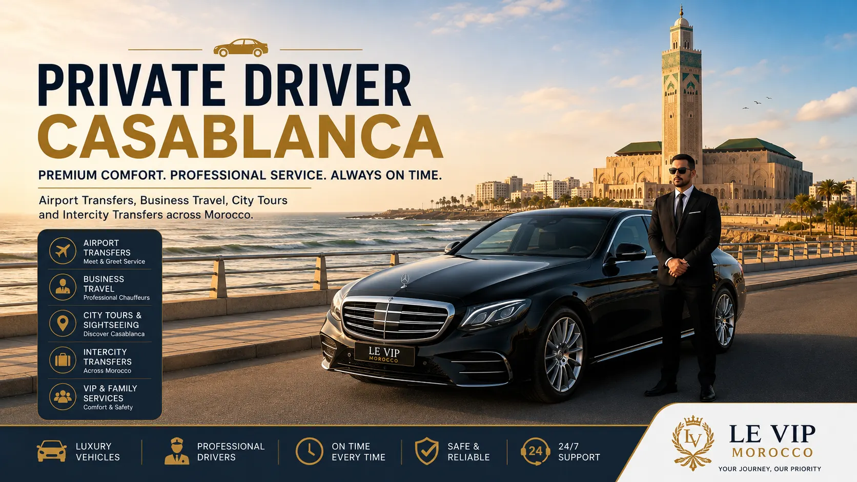 Private driver in Casablanca with luxury chauffeur car near Hassan II Mosque and Mohammed V International Airport transfer route.