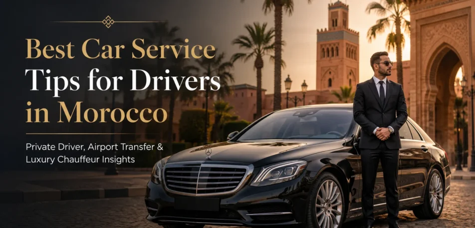 Professional chauffeur standing beside a luxury black Mercedes in Morocco for private driver and airport transfer service