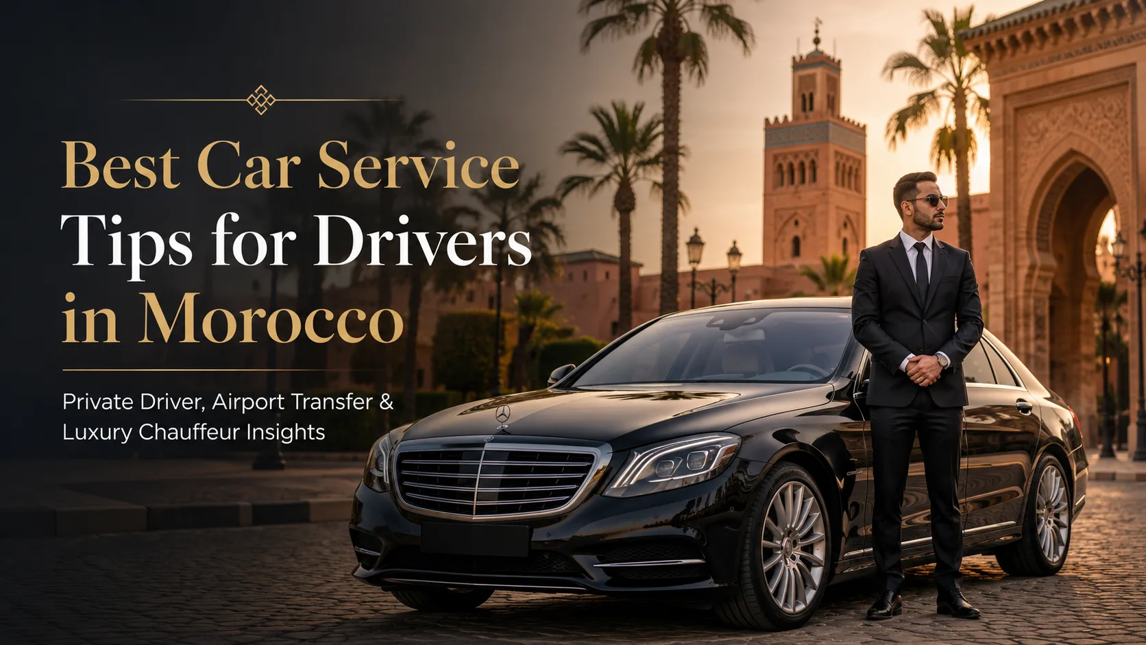 Professional chauffeur standing beside a luxury black Mercedes in Morocco for private driver and airport transfer service