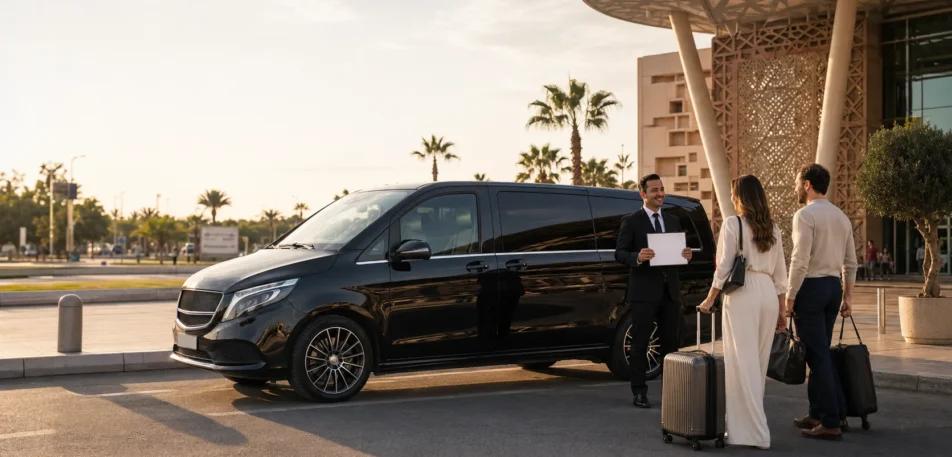 Chauffeur welcoming passengers for a Marrakech airport transfer at Marrakech Menara Airport