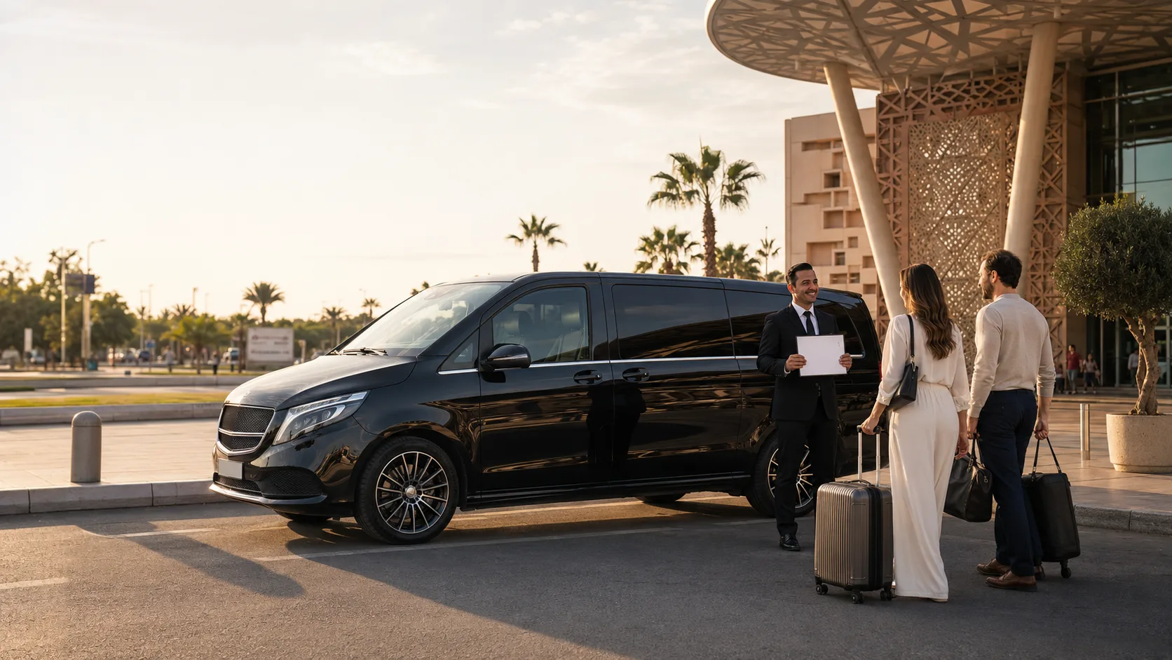 Chauffeur welcoming passengers for a Marrakech airport transfer at Marrakech Menara Airport