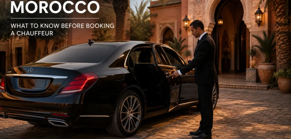 Professional chauffeur opening a luxury black Mercedes in Morocco for private driver and chauffeur service