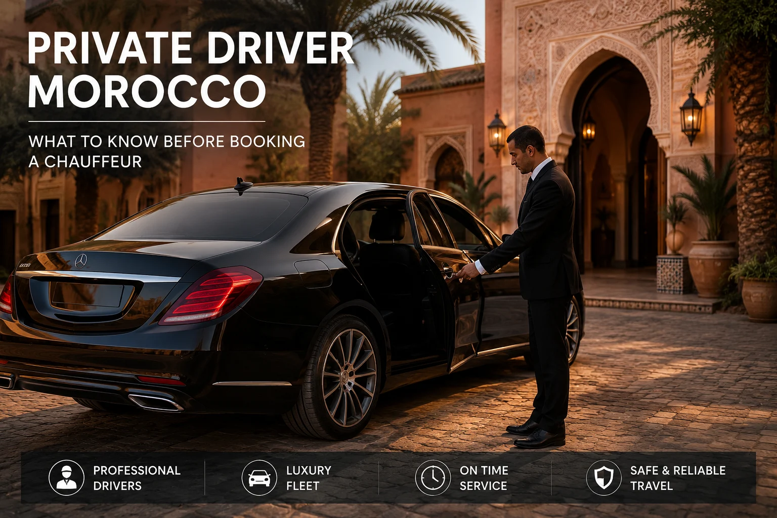 Professional chauffeur opening a luxury black Mercedes in Morocco for private driver and chauffeur service