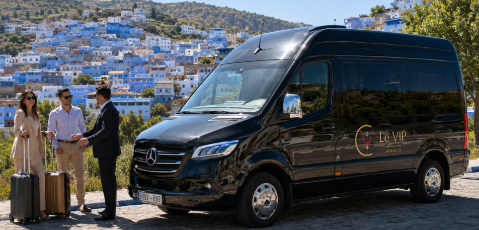 Mercedes Sprinter chauffeur service for a private Youth Day group tour to Chefchaouen Morocco