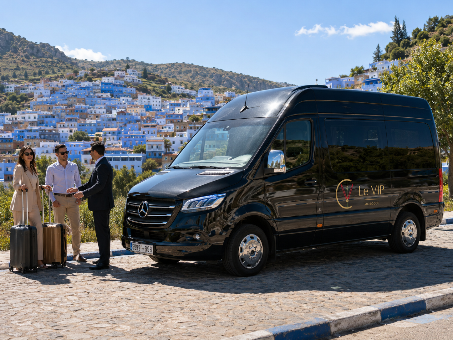 Mercedes Sprinter chauffeur service for a private Youth Day group tour to Chefchaouen Morocco