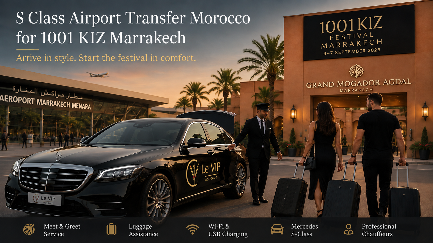 Mercedes S-Class with Le VIP Morocco logo providing s airport transfer morocco service for 1001 KIZ Festival guests in Marrakech.