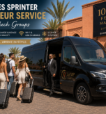 Mercedes Sprinter chauffeur service with Le VIP Morocco transporting a group with luggage to the 1001 KIZ Festival at Grand Mogador Agdal in Marrakech.