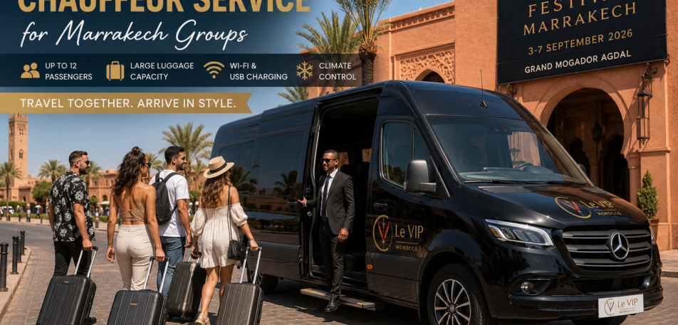 Mercedes Sprinter chauffeur service with Le VIP Morocco transporting a group with luggage to the 1001 KIZ Festival at Grand Mogador Agdal in Marrakech.