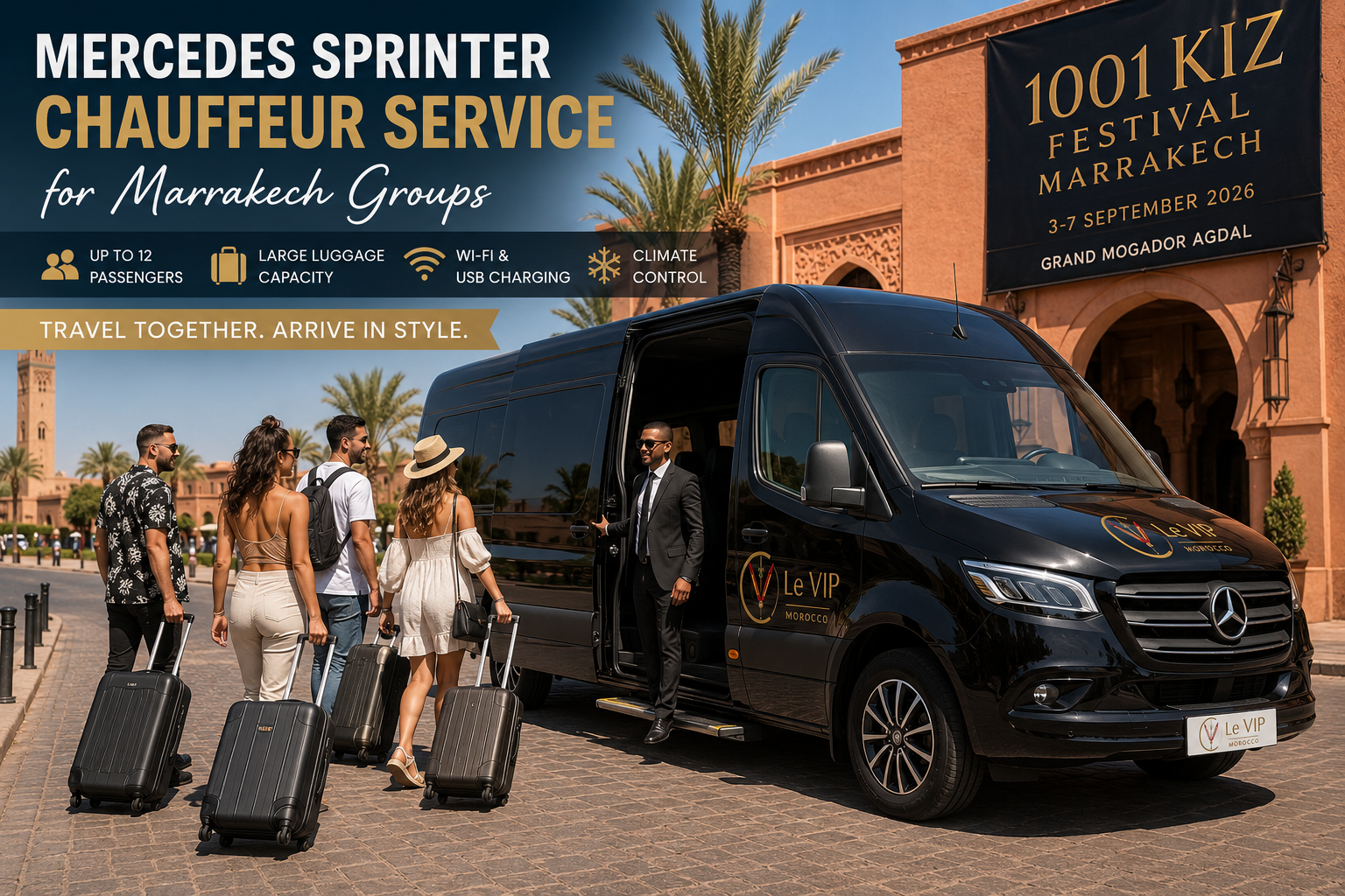 Mercedes Sprinter chauffeur service with Le VIP Morocco transporting a group with luggage to the 1001 KIZ Festival at Grand Mogador Agdal in Marrakech.