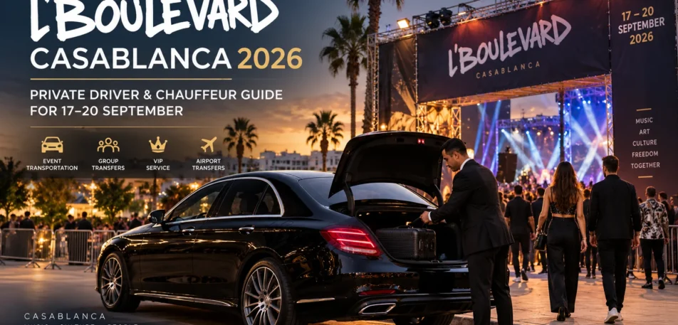 Private driver Casablanca loading luggage beside a luxury black Mercedes for L’Boulevard 2026 event transportation