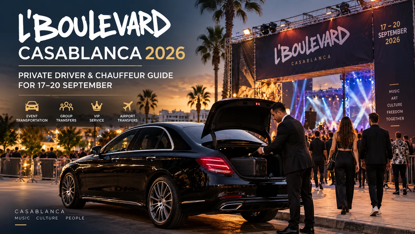Private driver Casablanca loading luggage beside a luxury black Mercedes for L’Boulevard 2026 event transportation