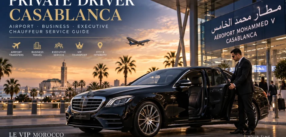 Private Driver Casablanca Airport & Executive Chauffeur Guide Private driver Casablanca opening a luxury black Mercedes outside Mohammed V Airport for executive chauffeur service