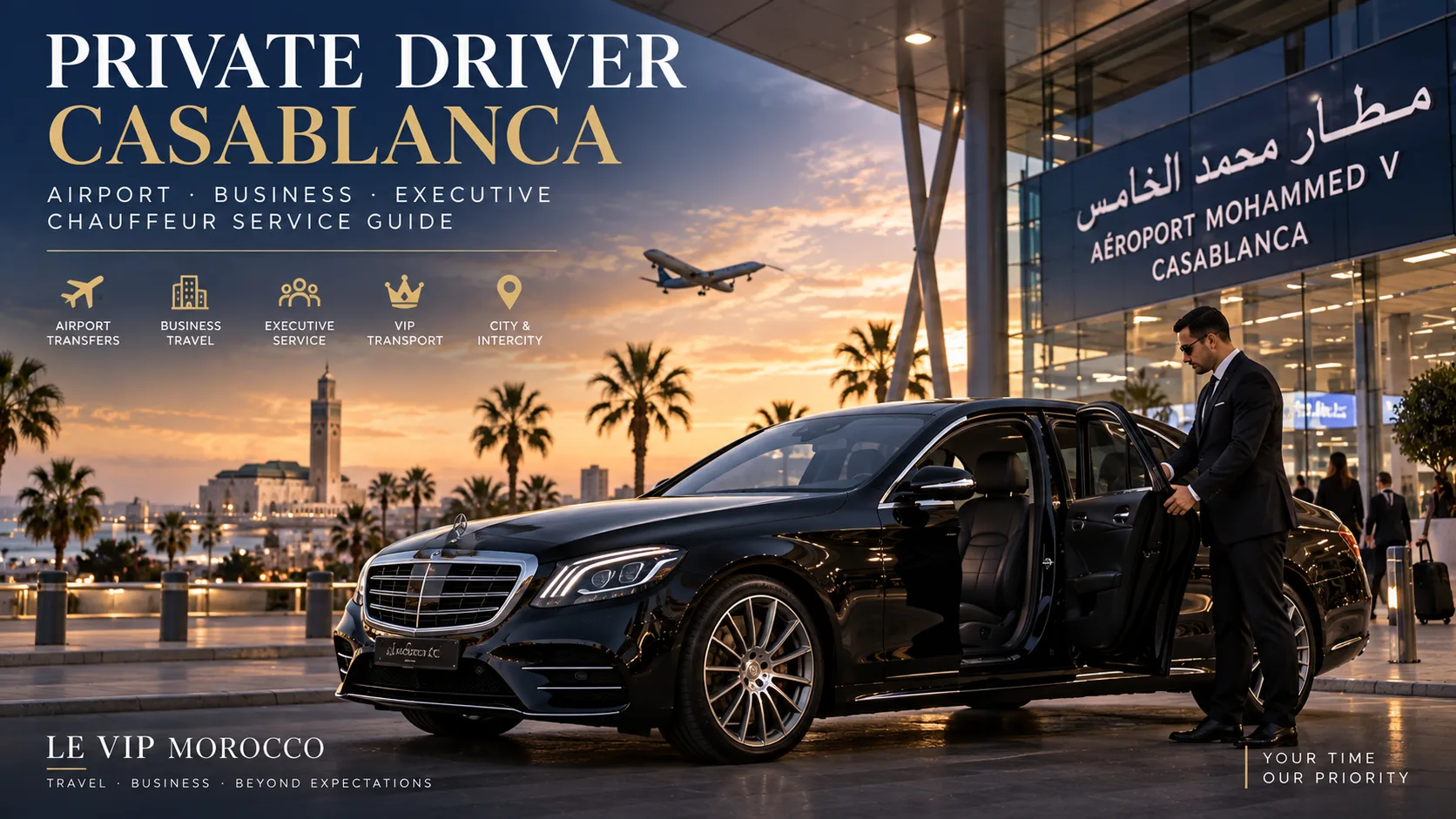 Private driver Casablanca opening a luxury black Mercedes outside Mohammed V Airport for executive chauffeur service
