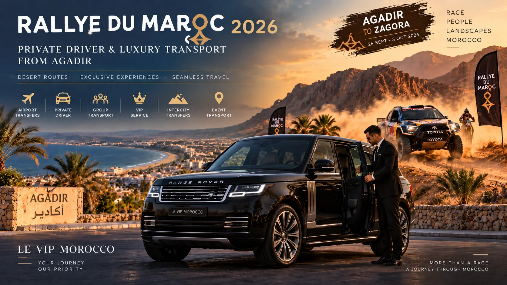 Range Rover Vogue with private driver from Agadir for Rallye du Maroc 2026 luxury transport to Zagora