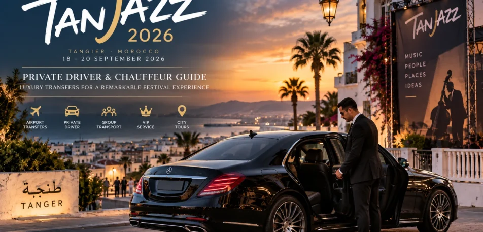 Tanjazz 2026 Private Driver & Chauffeur Guide Luxury chauffeur opening a black Mercedes in Tangier for Tanjazz 2026 private driver Tangier and festival transfer service