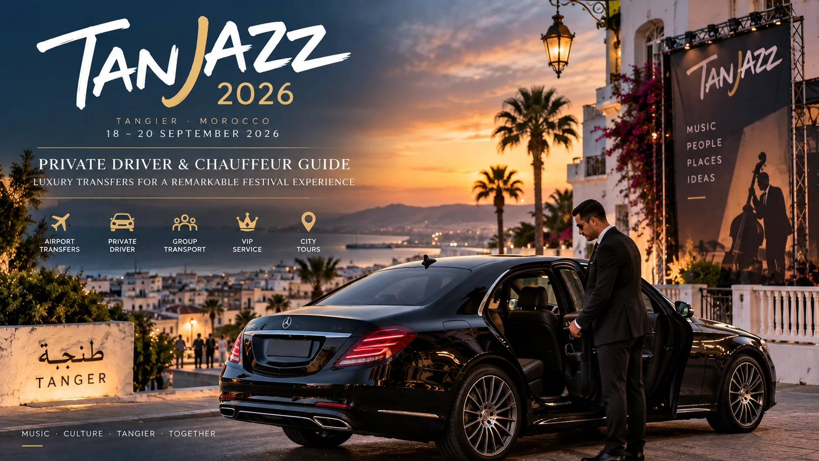 Luxury chauffeur opening a black Mercedes in Tangier for Tanjazz 2026 private driver Tangier and festival transfer service