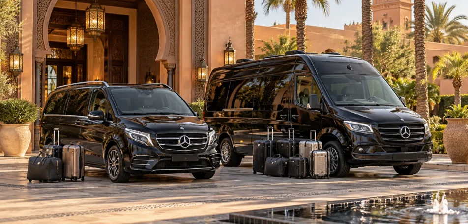 Luxury Moroccan Resort Arrival Mercedes V-Class vs Sprinter Morocco with luggage outside a luxury hotel, comparing group and baggage capacity
