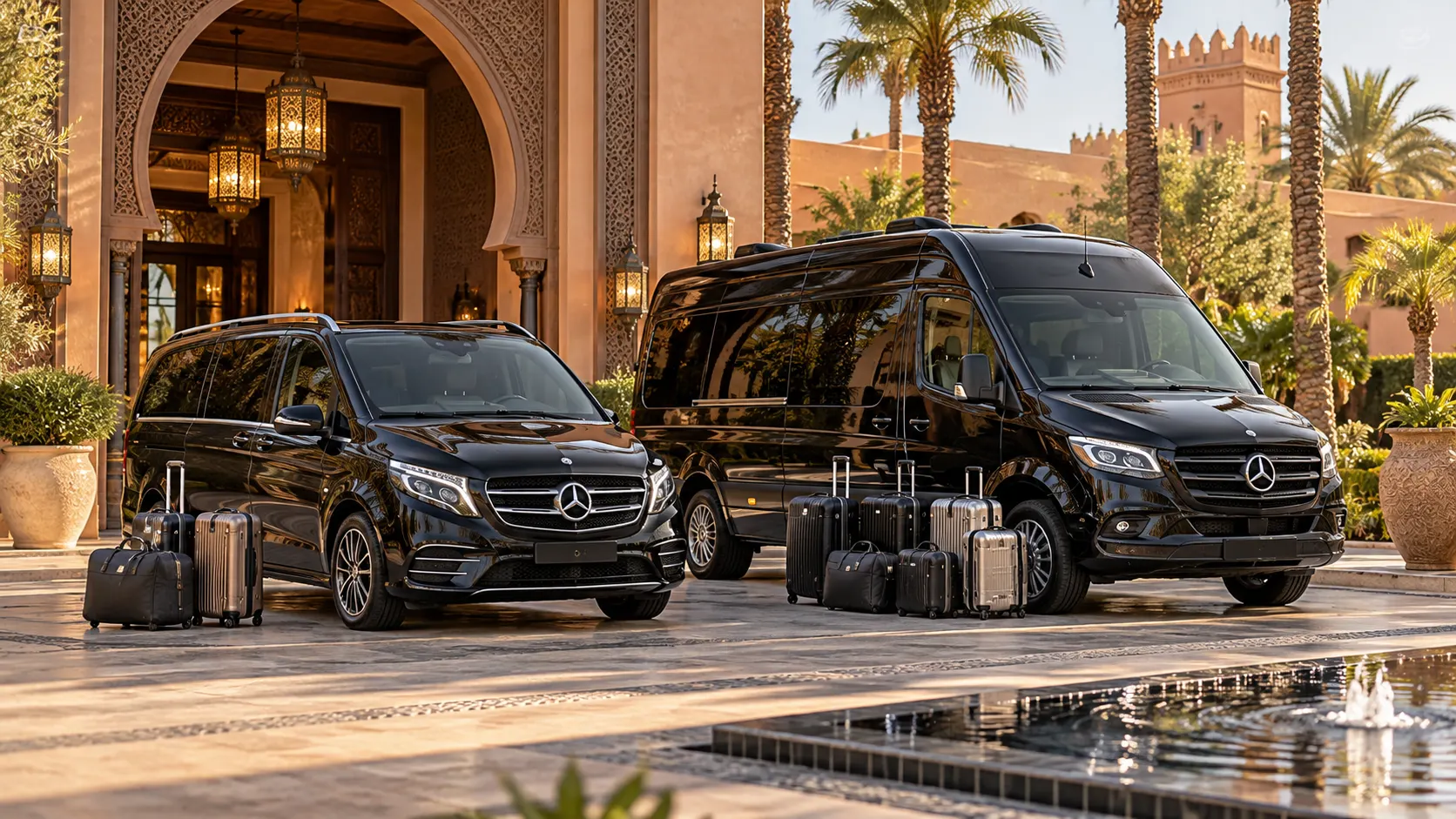 Mercedes V-Class vs Sprinter Morocco with luggage outside a luxury hotel, comparing group and baggage capacity