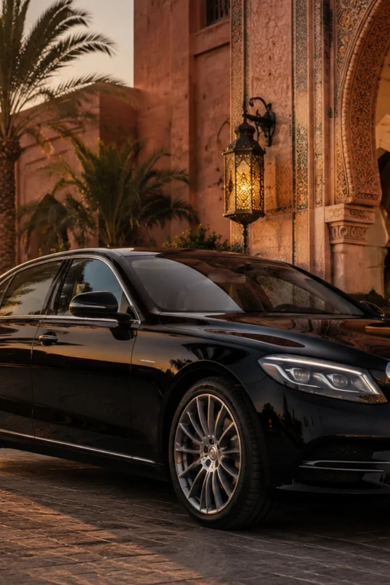Luxury black chauffeur car outside a premium Moroccan hotel entrance at sunset with palm trees and traditional architecture.