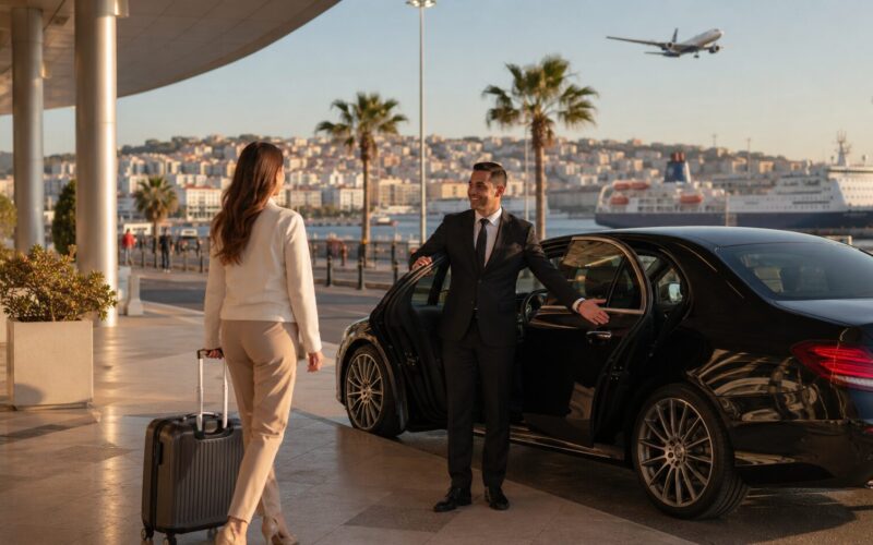 Private chauffeur welcoming a traveler beside a luxury black car near Tangier airport and port with city and ferry views in the background.